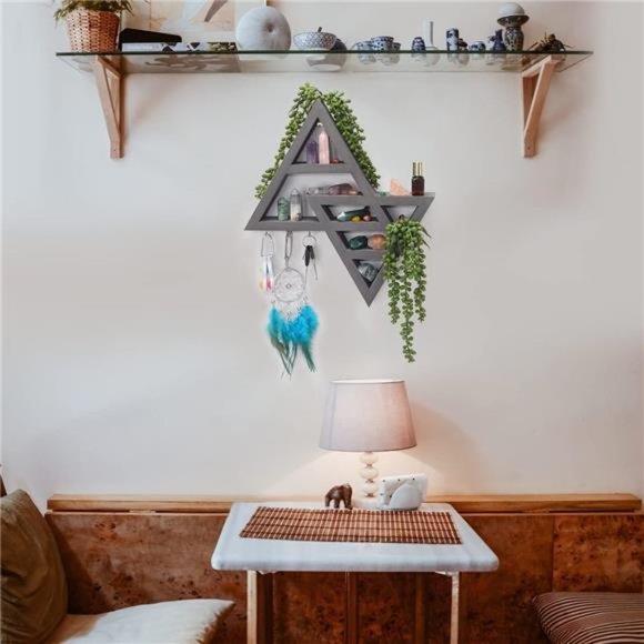 Moon Phase Triangle Shelf with Hooks - Rustic Moon Shelf for Crystals- Grey - Picture 3 of 7